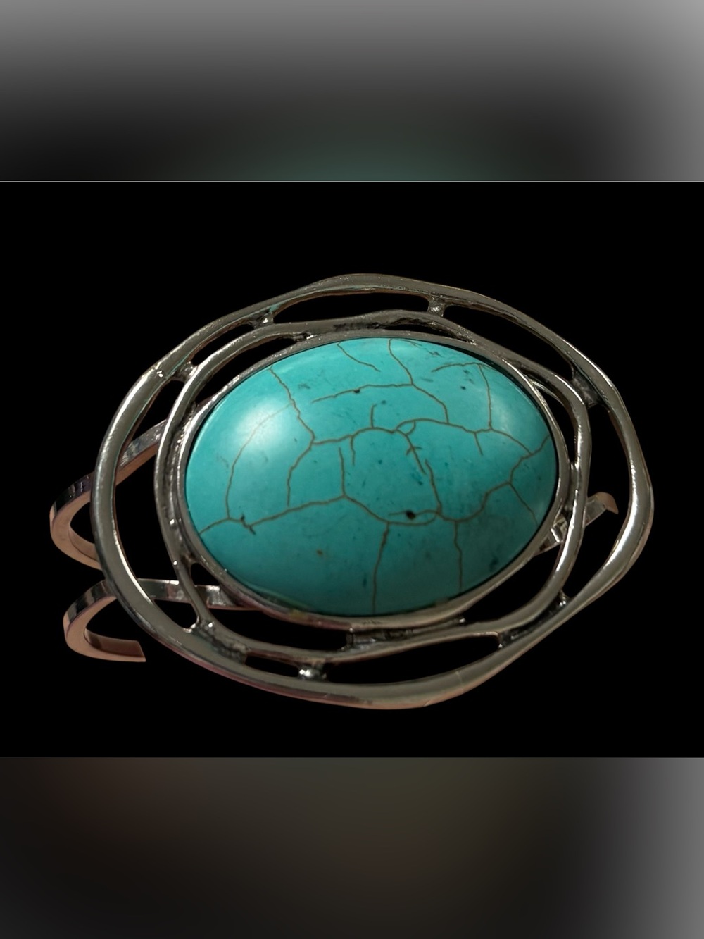 Silver-toned Hinge Bracelet with Turquoise Colored Oval Stone